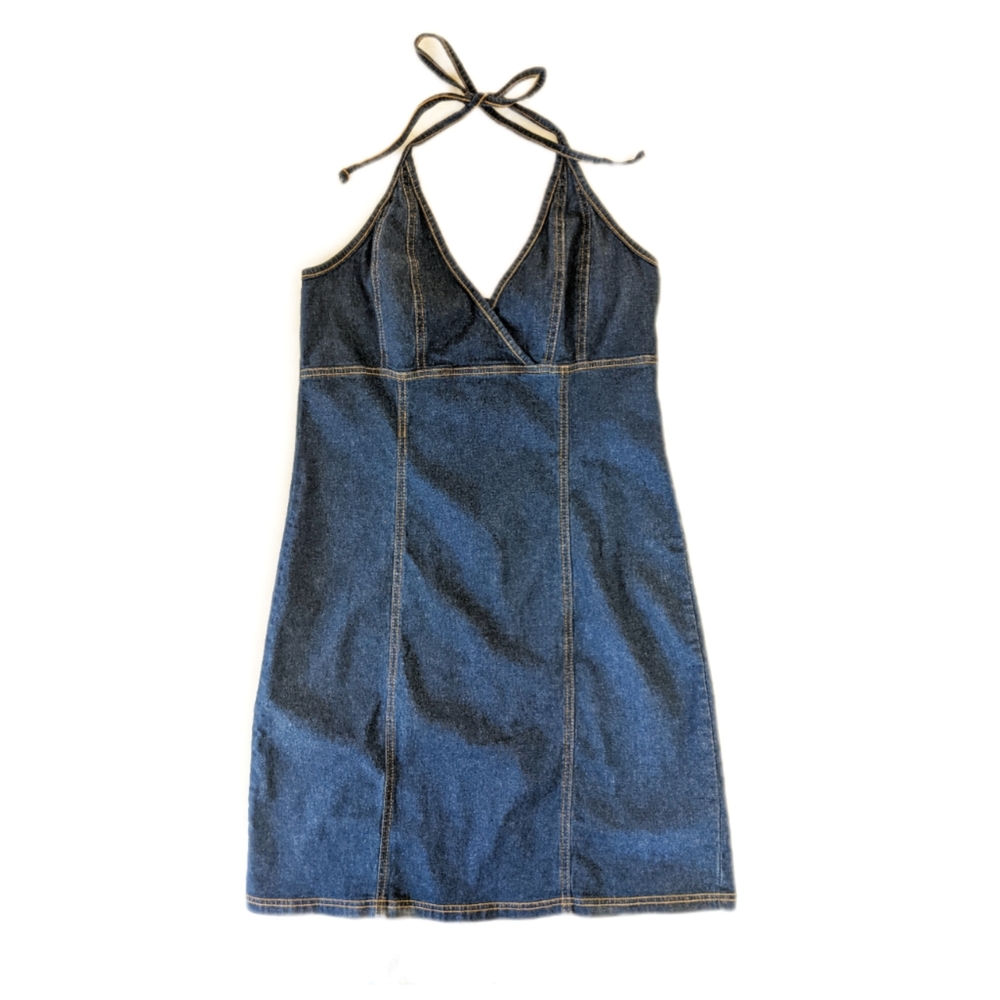 Early 2000s Dark Wash Halter Top Denim Y2K Preppy Mini Dress